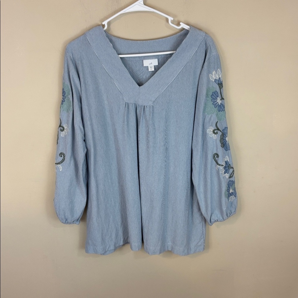 Blue Pinstripe Cotton Knit Floral Embroidered Top Size Large